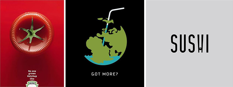 Clever designs featuring a Heinz ad, "Got More?" poster of the Earth, and a Sushi poster