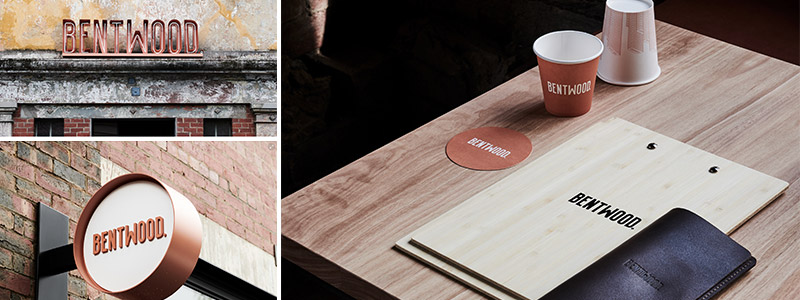 Trio of images featuring Bentwood signage, cups and menu