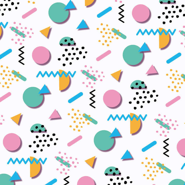 90s themed pattern showing shapes with polka dots and squiggly lines