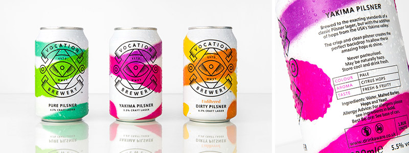 Brightly colored Pure Pilsner, Yakima Pilsner and Dirty Pilsner cans from Vocation Brewery