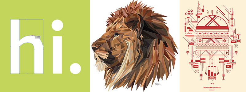Vector images: text reading "hi", lion, and burger
