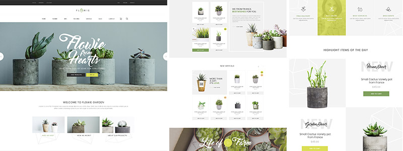 Trio of images showing the Flowie website template