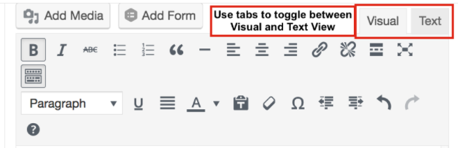 visual and text views in wordpress