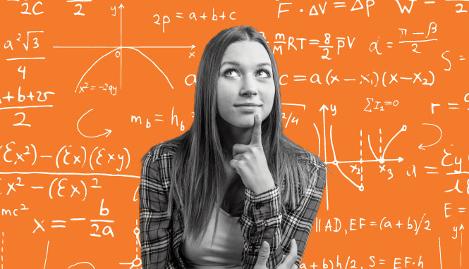 girl with orange background with math equations