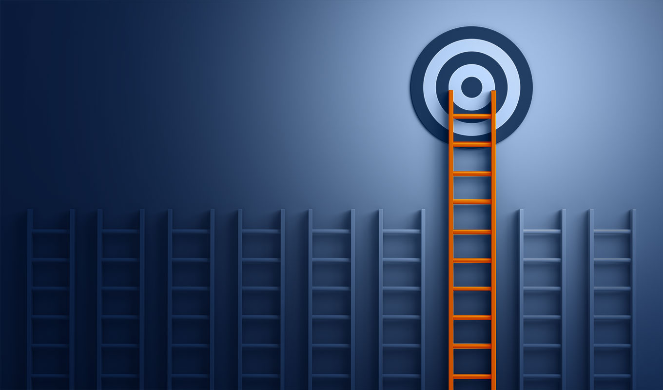blue ladders that are too small, and an orange ladder that is tall enough to reach a target