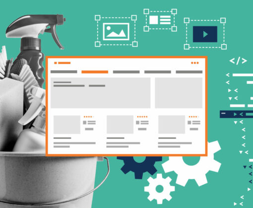 Bucket with cleaning supplies and a website window with strings of code around it