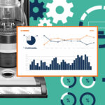 Vacuum with data in a bar graph surrounded by gears