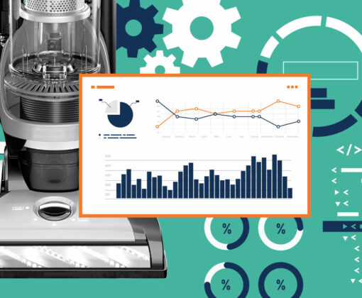 Vacuum with data in a bar graph surrounded by gears
