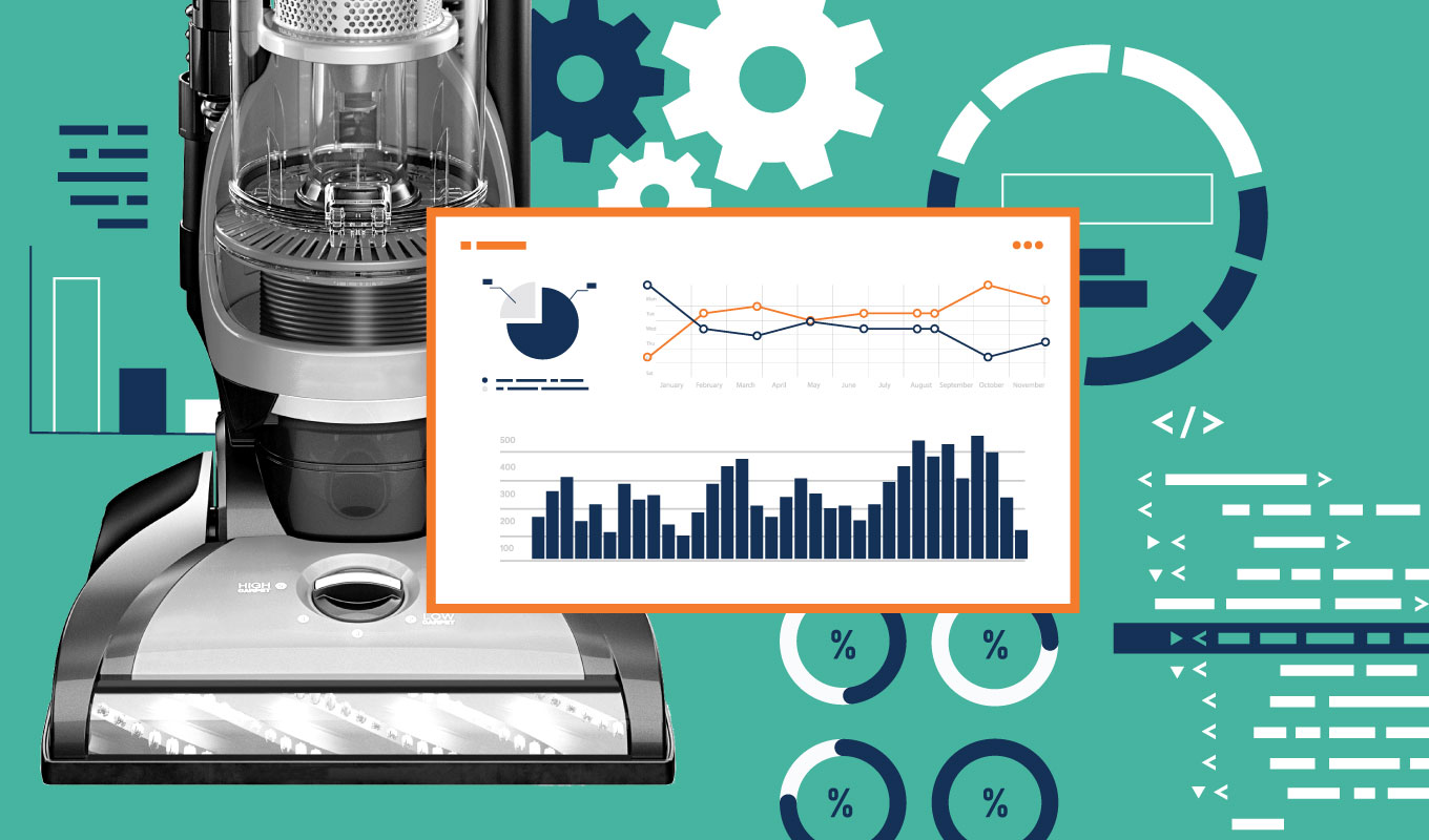 Vacuum with data in a bar graph surrounded by gears