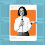 Woman talking in a video screen with social profiles behind her