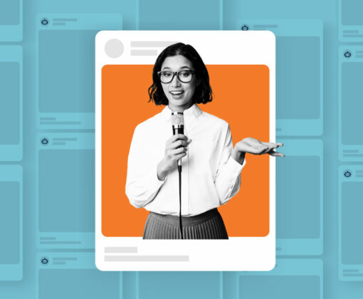 Woman talking in a video screen with social profiles behind her