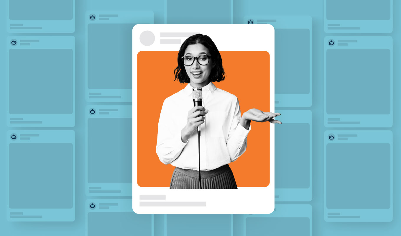 Woman talking in a video screen with social profiles behind her