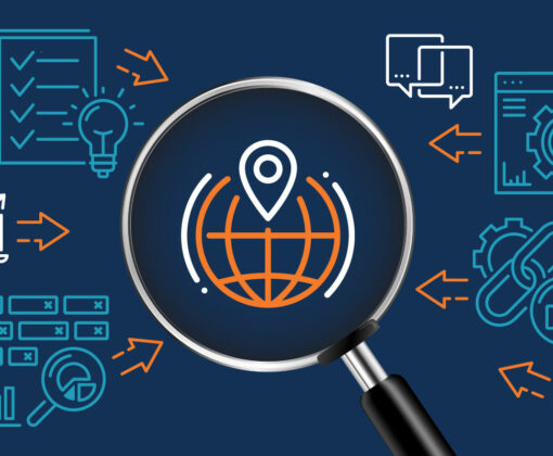 Magnifying-glass-hovering-over-world-icon-surrounded-by-SEO-icons-and-arrows