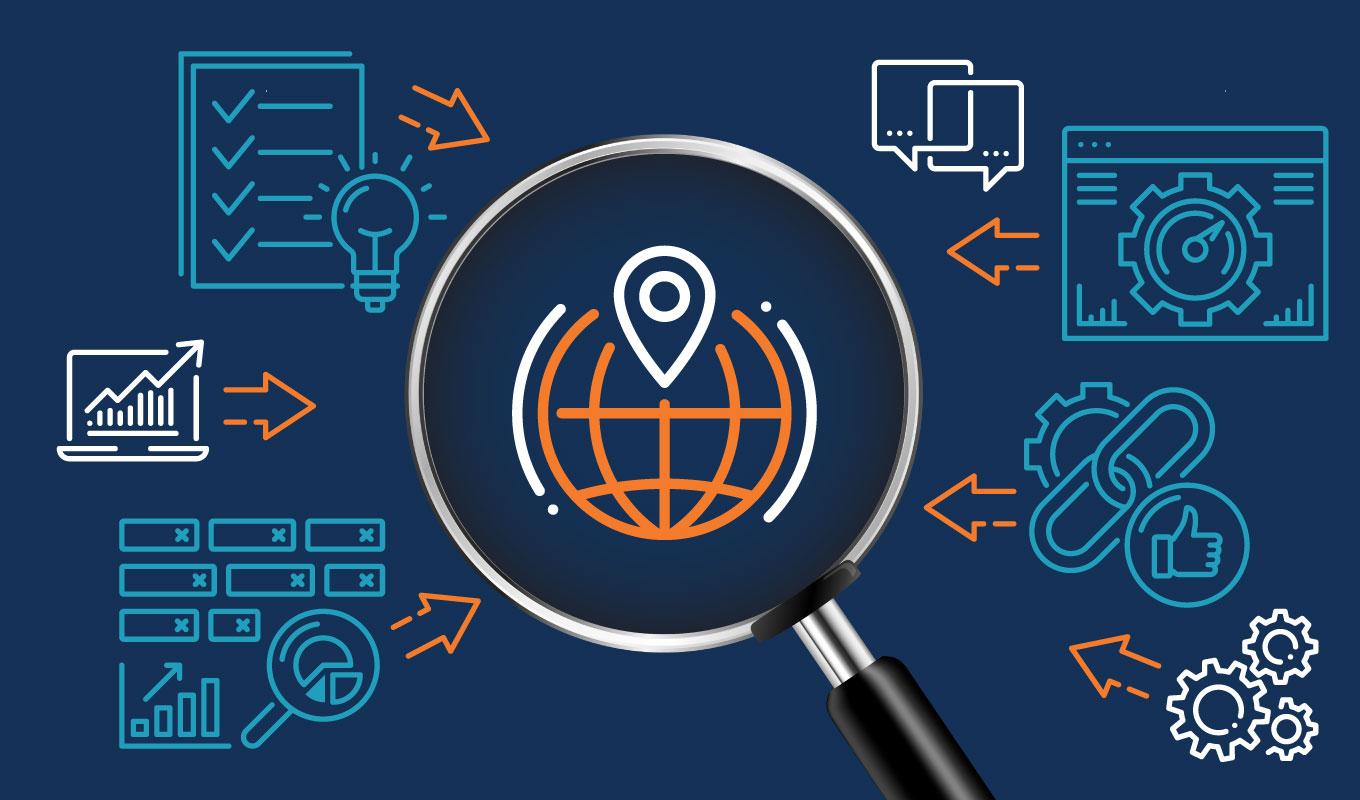 Magnifying-glass-hovering-over-world-icon-surrounded-by-SEO-icons-and-arrows
